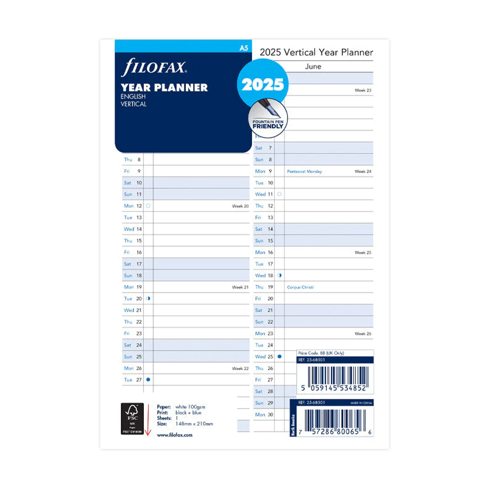 Filofax Vertical Year Planner A5 2025 English